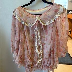 Vintage Floral Pink Sheer Blouse with Lace Trim